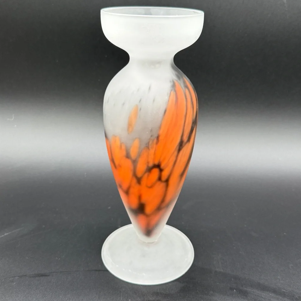 Tarnowiec Frosted Glass Orange and Black Vase Hand Blown Art Glass 10